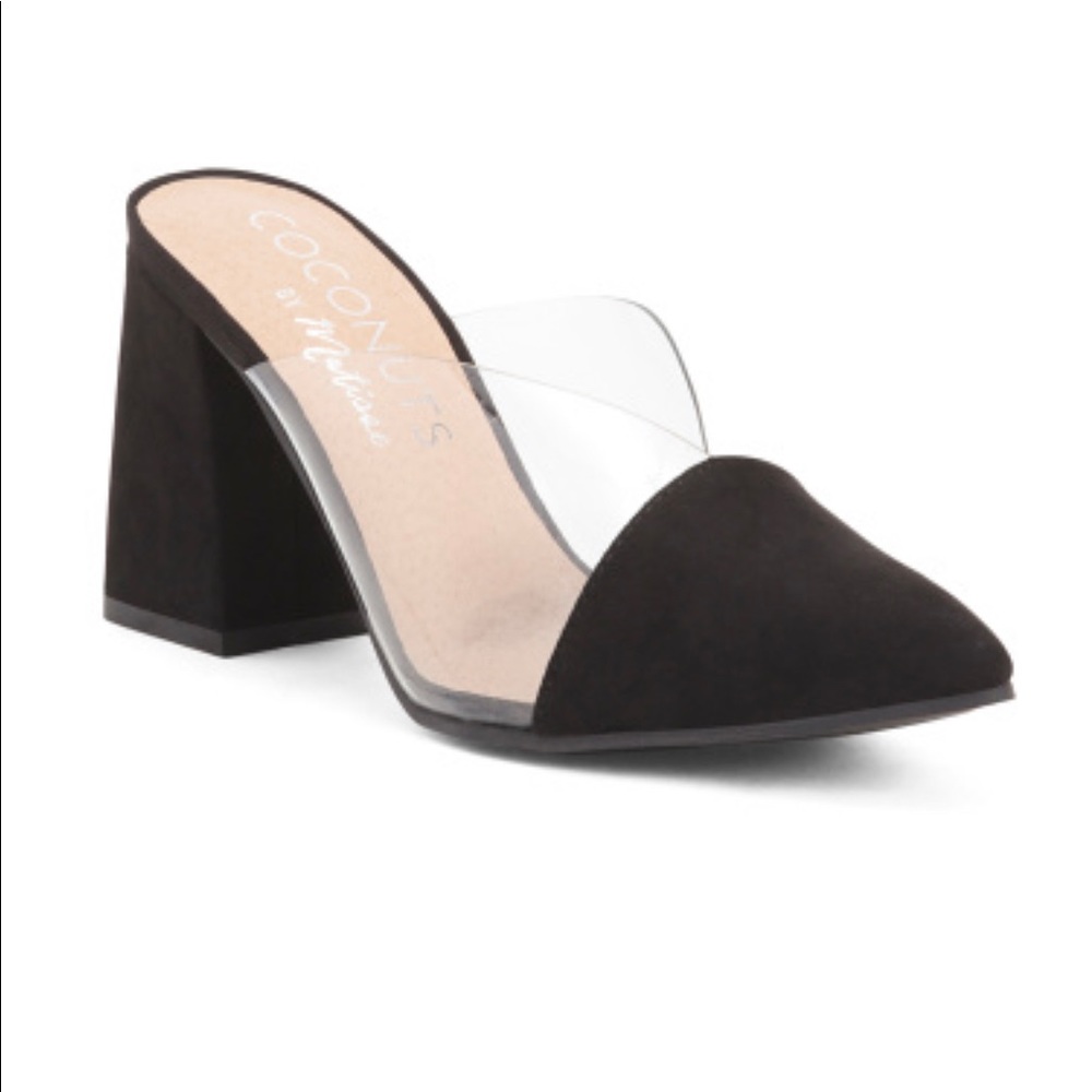 Black suede and vinyl mules